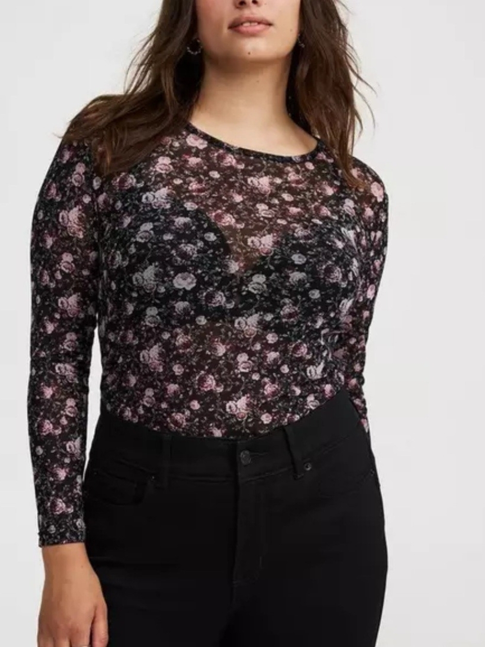 Torrid Sheer Mesh Floral Long-Sleeve Top in Black and Pink Size 2 (18/20)